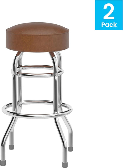 Bruno 2 Pack Double Ring Chrome Barstool with Weathered Brown Seat