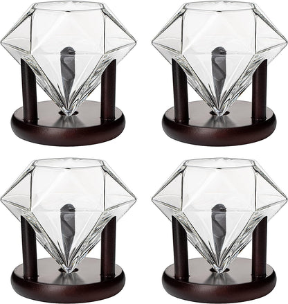 Set of 4 Diamond Whiskey & Wine Glasses With Wood Stands 10oz - Wine, Whiskey, Water, Diamond Shaped, Diamonds Collection Sparkle Patented Wine Savant - Stands Alone, Or on Stand