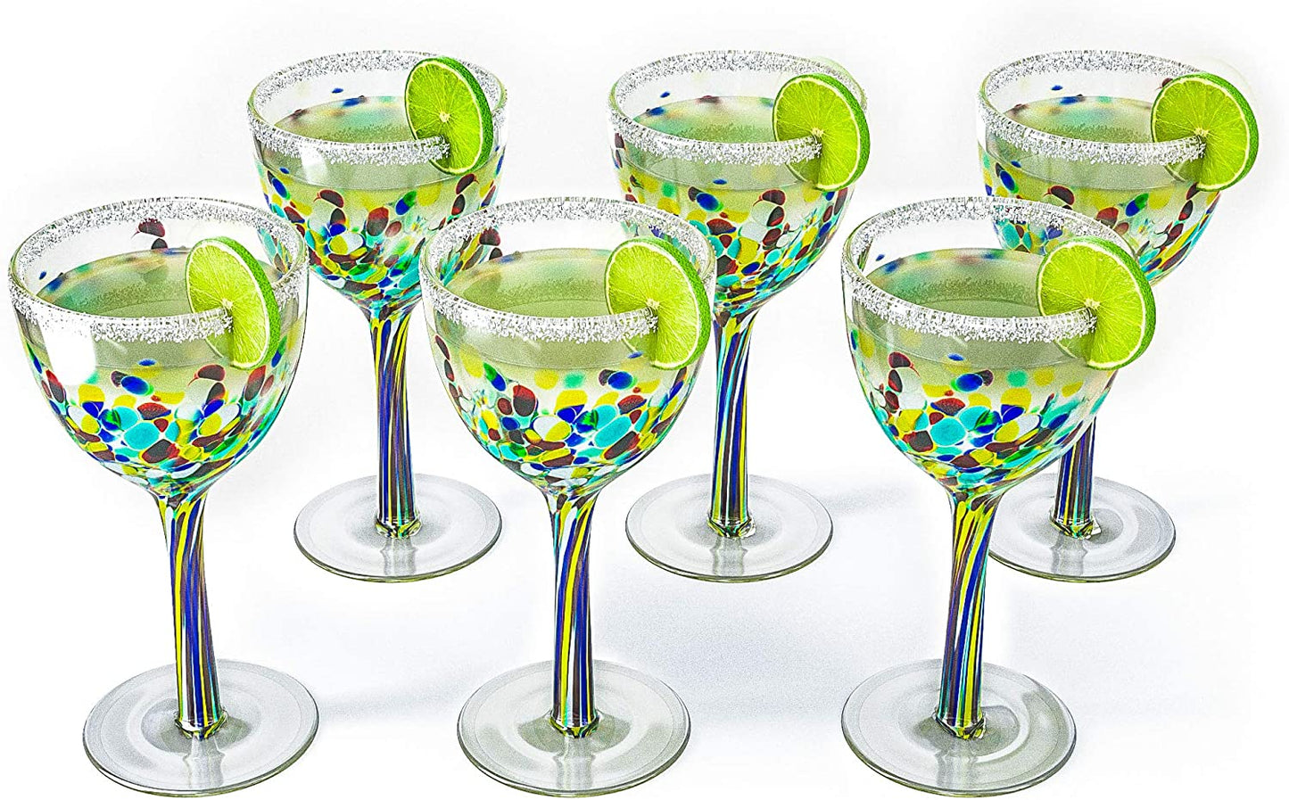 The Wine Savant Recycled Glass Wine Glasses - Mexican Wine Glasses Set of 6, Mexican Luxury Hand Blown Wine and Water Glasses (8 ounces each) Cobalt Cinco De Mayo Glasses - Confetti Wine Glasses