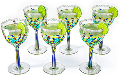 The Wine Savant Recycled Glass Wine Glasses - Mexican Wine Glasses Set of 6, Mexican Luxury Hand Blown Wine and Water Glasses (8 ounces each) Cobalt Cinco De Mayo Glasses - Confetti Wine Glasses