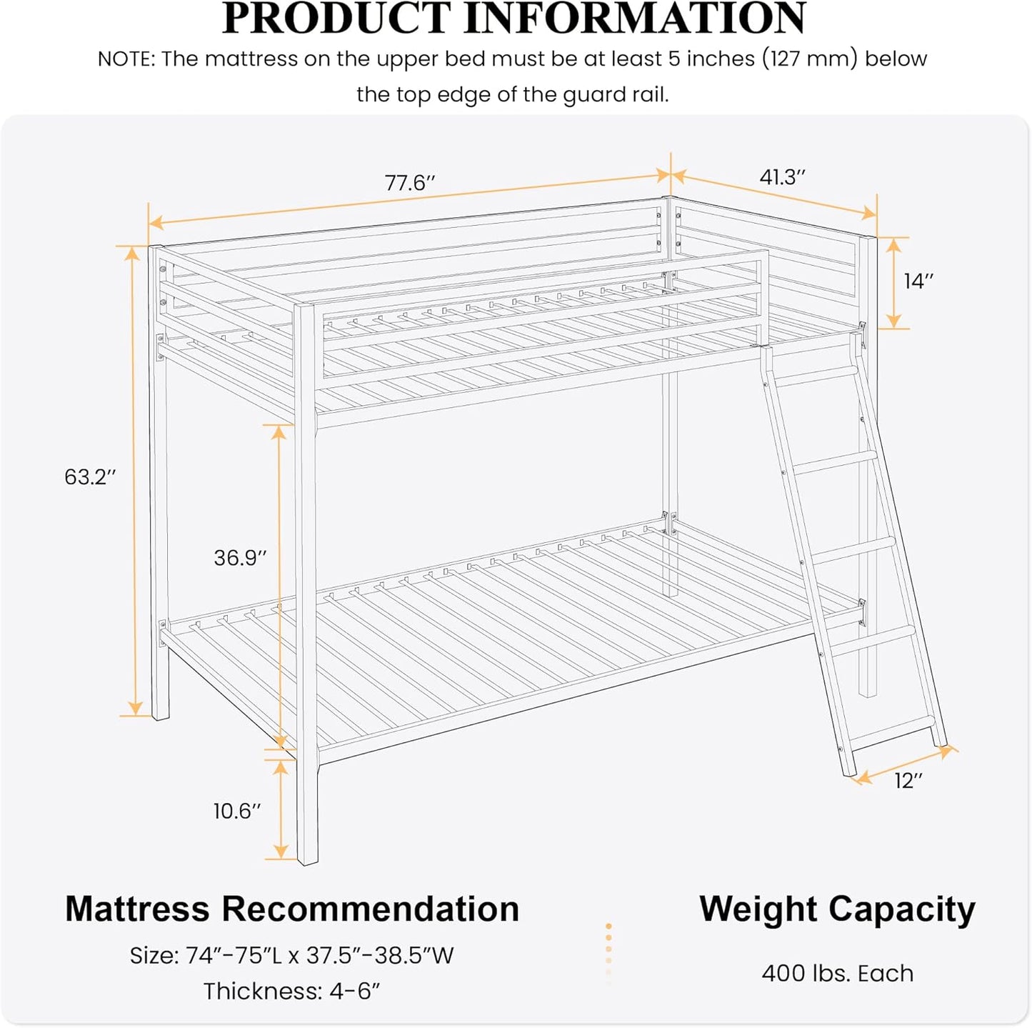 Twin Over Twin Ladder Bunk Bed Black With Guardrail Metal