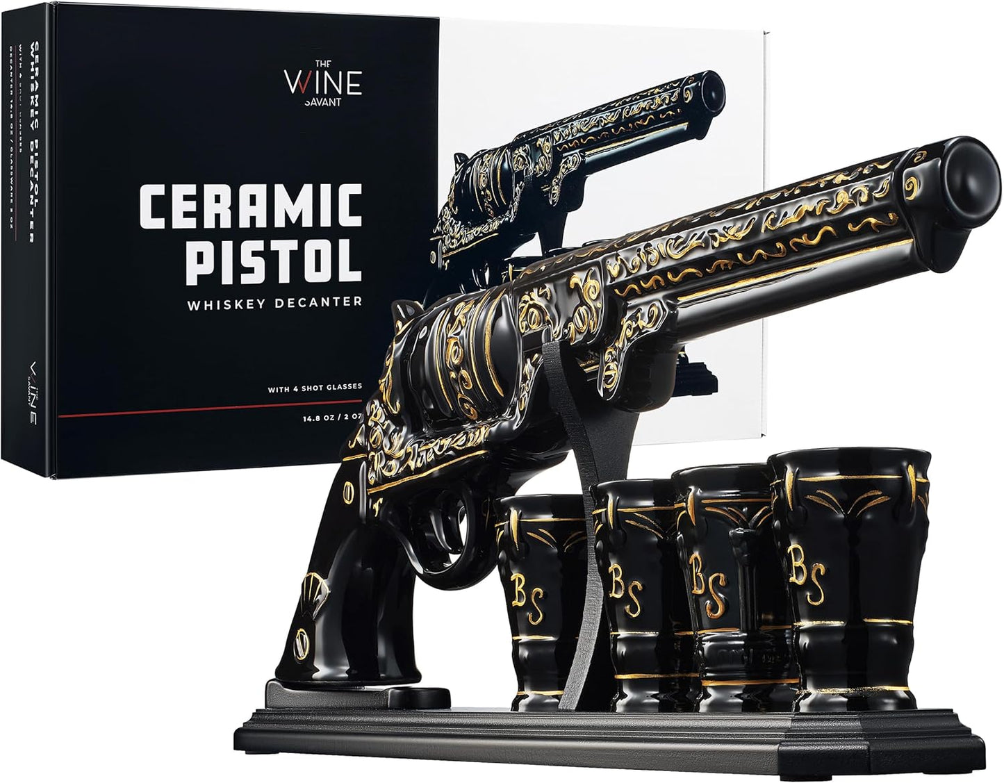 Luxury Black and Gold Pistol Decanter Set & 4 Shot Glasses – Whiskey Decanter for Liquor, Scotch, Bourbon, Vodka – Stylish Barware Gift Set for Men, Brother, Son, Dad, Him, Home Bar for any Occasions