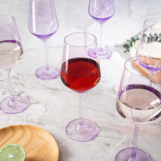 Set of 6 Colored Wine Glasses - 12 oz Hand Blown Italian Style Crystal Bordeaux Wine Glasses - Premium Stemmed Colored Glassware - Unique Drinking Glasses (6, Lavender Purple)