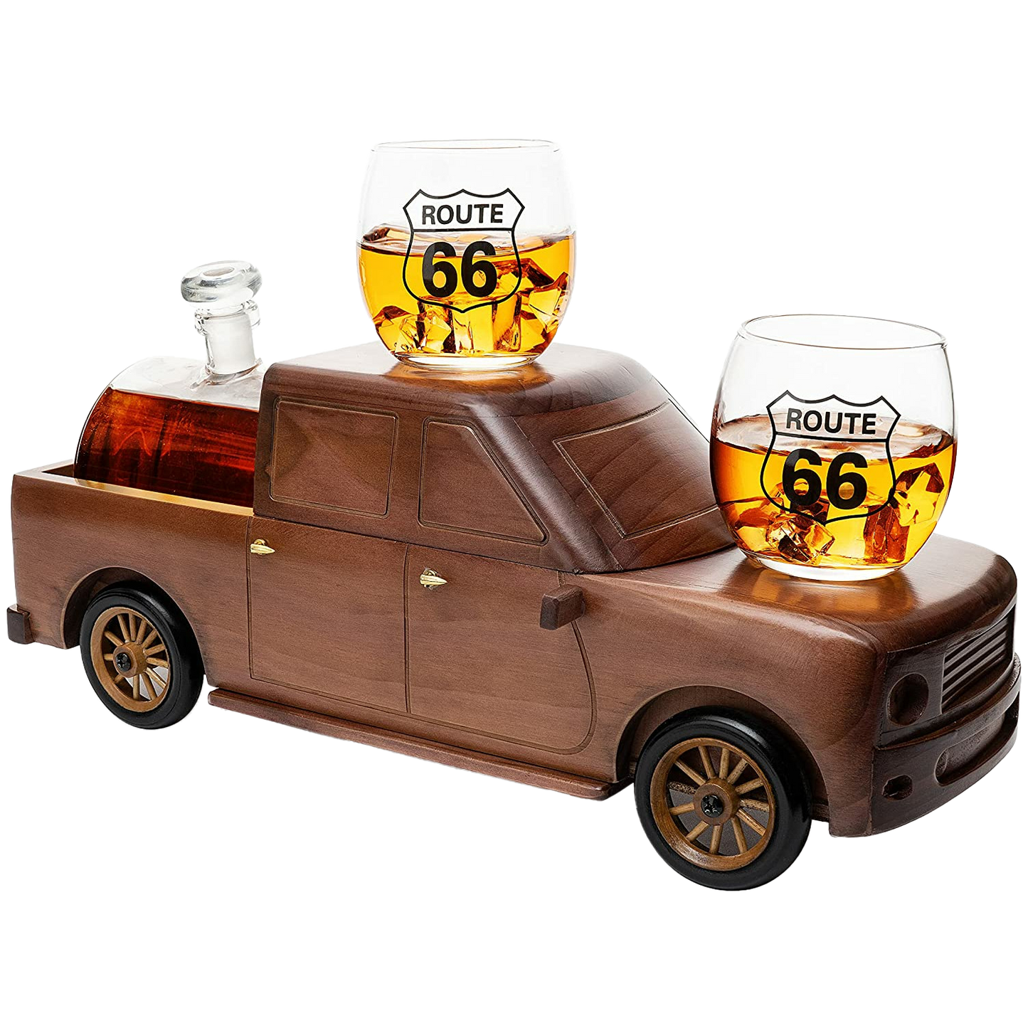 Pickup Truck Wine & Whiskey Decanter -500 ml & Two 12 Oz Route 66 Glasses The Wine Savant - Alaska Gifts, Dad Driver Trucker Gifts, Truck, Truck Decor, Gifts for Car Enthusiasts