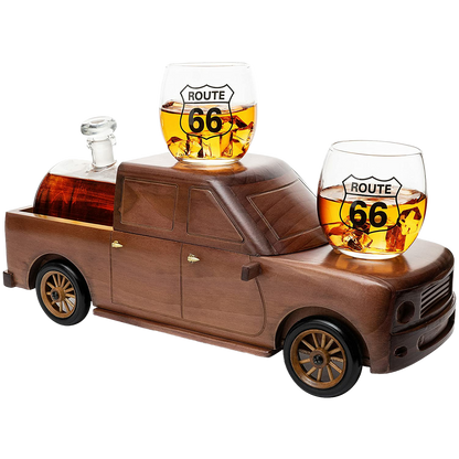 Pickup Truck Wine & Whiskey Decanter -500 ml & Two 12 Oz Route 66 Glasses The Wine Savant - Alaska Gifts, Dad Driver Trucker Gifts, Truck, Truck Decor, Gifts for Car Enthusiasts