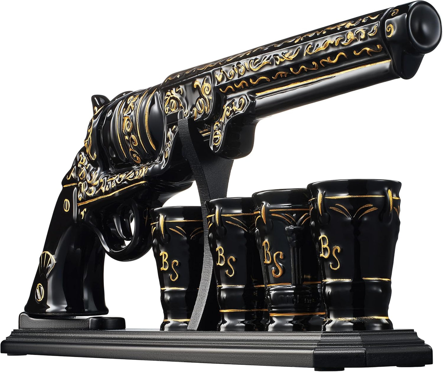 Luxury Black and Gold Pistol Decanter Set & 4 Shot Glasses – Whiskey Decanter for Liquor, Scotch, Bourbon, Vodka – Stylish Barware Gift Set for Men, Brother, Son, Dad, Him, Home Bar for any Occasions