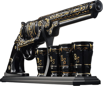 Luxury Black and Gold Pistol Decanter Set & 4 Shot Glasses – Whiskey Decanter for Liquor, Scotch, Bourbon, Vodka – Stylish Barware Gift Set for Men, Brother, Son, Dad, Him, Home Bar for any Occasions