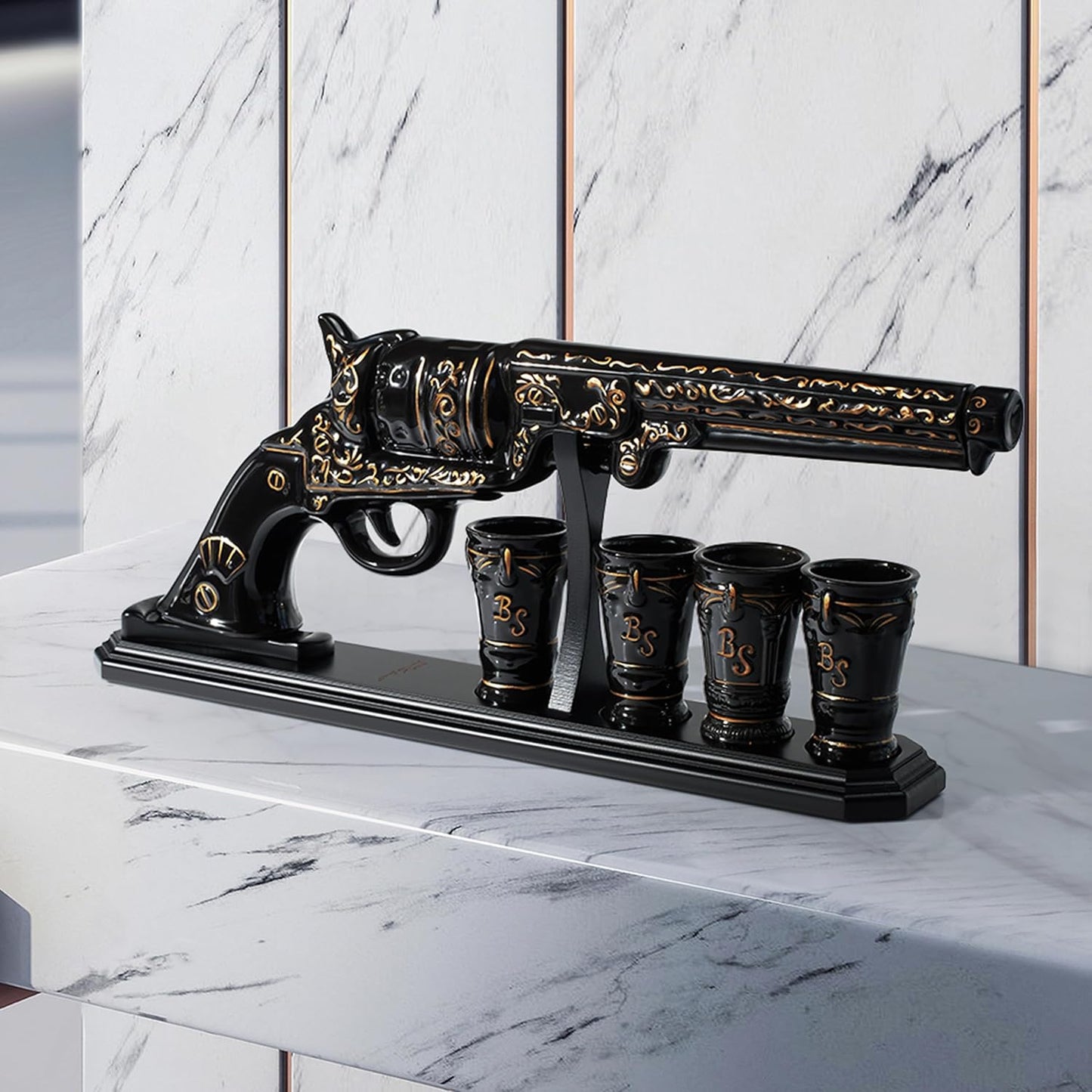 Luxury Black and Gold Pistol Decanter Set & 4 Shot Glasses – Whiskey Decanter for Liquor, Scotch, Bourbon, Vodka – Stylish Barware Gift Set for Men, Brother, Son, Dad, Him, Home Bar for any Occasions
