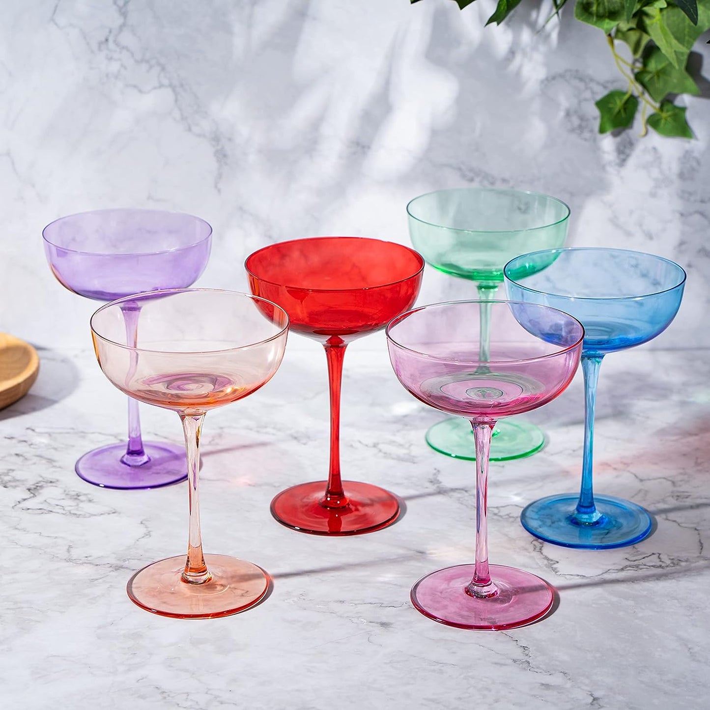 Colored Coupe Glasses | Set of 6 | 7 oz Classic Cocktail Glassware for Champagne, Martini, Manhattan, Cosmopolitan, Crystal Speakeasy Style Goblets Stems, Elegantly Color (Classic Multicolor)