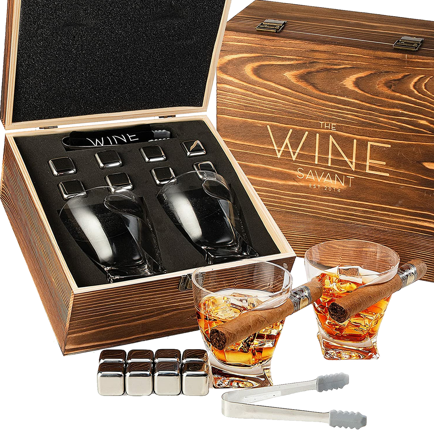 The Wine Savant Luxurious Cigar Glasses - Whiskey glass with Cigar Holder - Set of 2, 10oz Cigar Holder Whiskey Glasses, Tongs, 8 Cube Chilling Rocks Stones - Set in Premium Wood Box Gift for Any Bar
