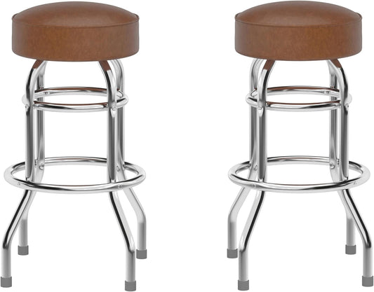 Bruno 2 Pack Double Ring Chrome Barstool with Weathered Brown Seat