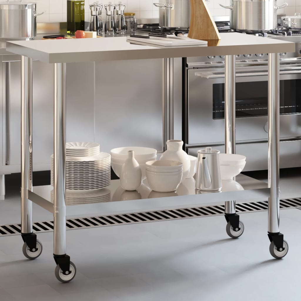 vidaXL Kitchen Work Table with Wheels Storage Home Restaurant Stainless Steel