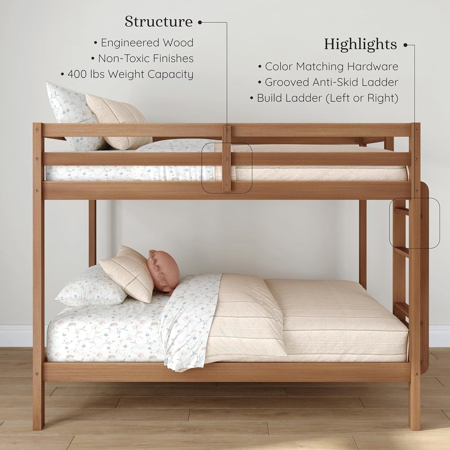 EngineeredWood TwinOverTwin Bunk With Ladder Oak Finish