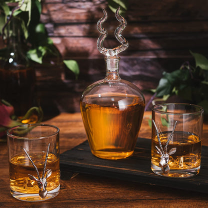 Stag Antler Whiskey Decanter Set 8.5" H with 2 Stag 12oz Glasses - Hunting Liquor Scotch Bourbon Gift for Him by The Wine Savant - Stag Deer Figurine, Hunter Gifts Luxury Decanter 750ml
