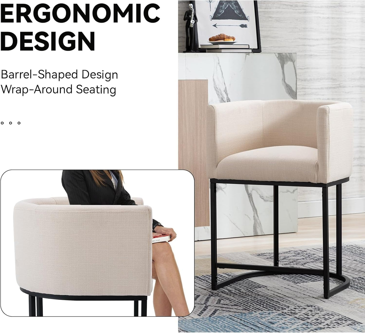 Contemporary Cream Linen Bar Stools Counter Height Set