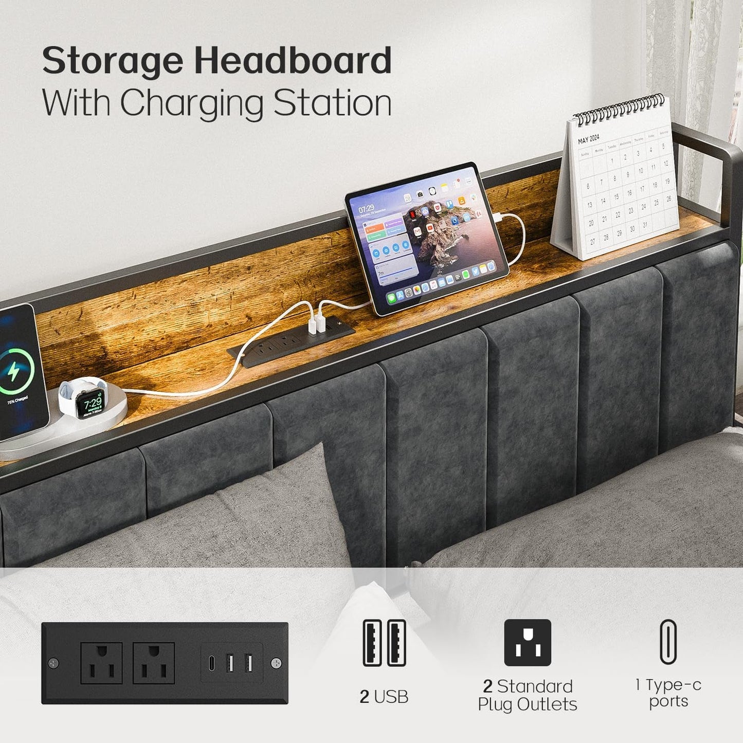 Queen Bed Frame With USB Charging LED Illumination