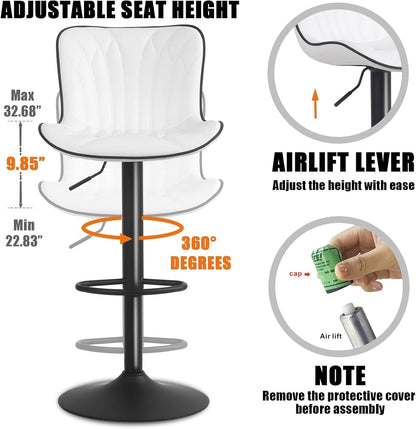 White Bar Stools Set of 2 Modern Kitchen Counter Height Bar Chair with Back Swivel Adjustable Faux Leather Upholstered Barstools for Breakfast Island Tall 300LBS
