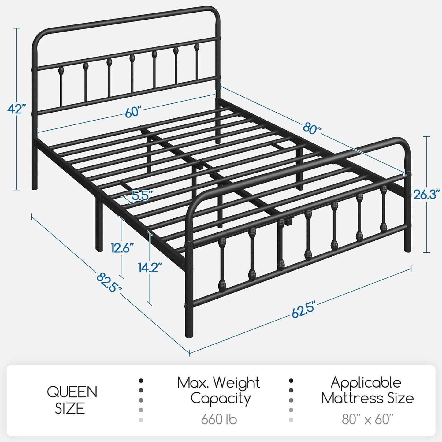 Queen Size Classic Metal Platform Bed With Durable Storage