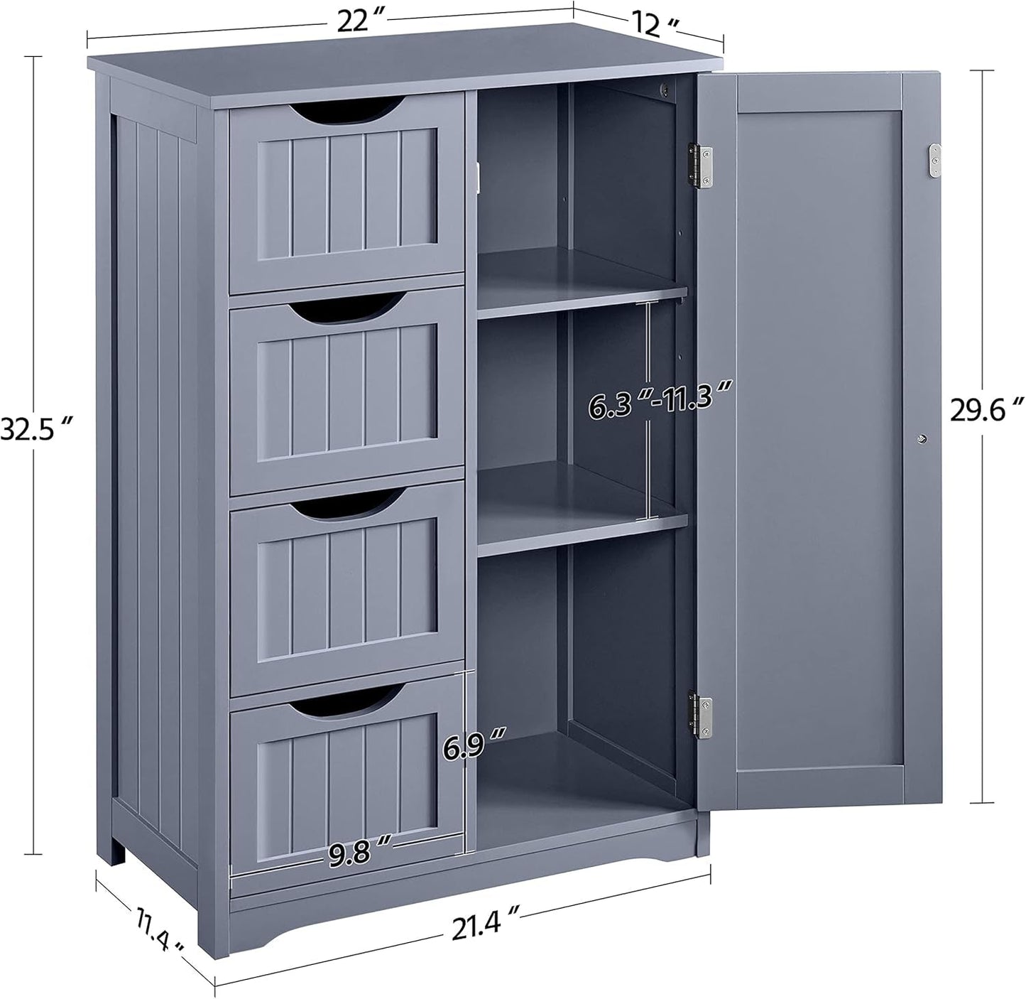Bathroom Floor Cabinet, Freestanding Storage Organizer Unit Kitchen Cupboard W/ 4 Drawers & Adjustable Shelves, Using for Kitchen/Bathroom, Gray
