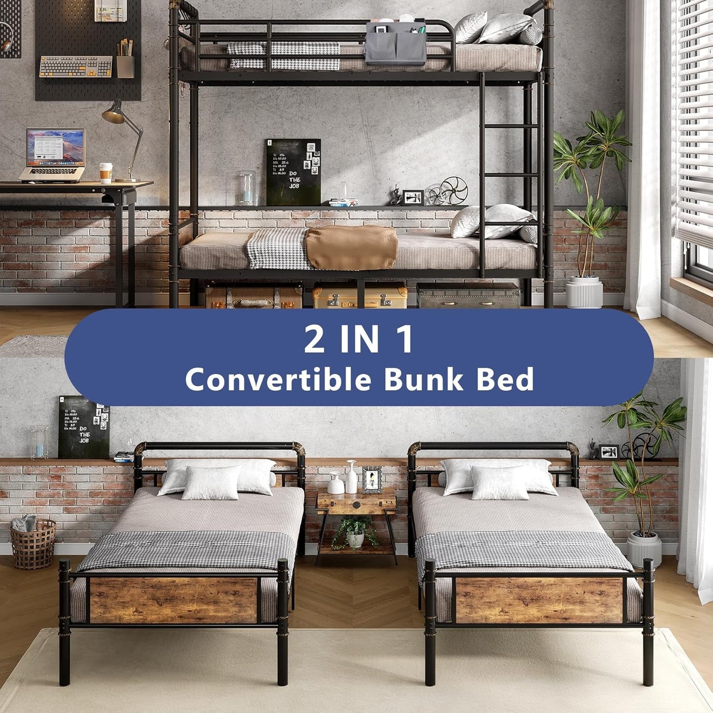 Metal Twin Over Twin Bunk Bed Vintage Brown Safety Rails