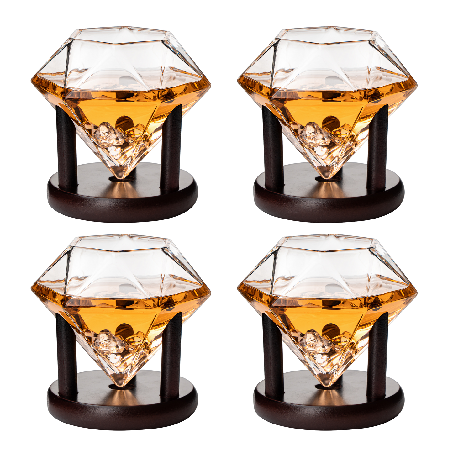 Set of 4 Diamond Whiskey & Wine Glasses With Wood Stands 10oz - Wine, Whiskey, Water, Diamond Shaped, Diamonds Collection Sparkle Patented Wine Savant - Stands Alone, Or on Stand