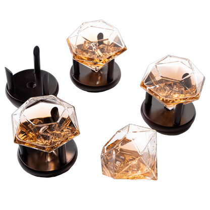 Set of 4 Diamond Whiskey & Wine Glasses With Wood Stands 10oz - Wine, Whiskey, Water, Diamond Shaped, Diamonds Collection Sparkle Patented Wine Savant - Stands Alone, Or on Stand
