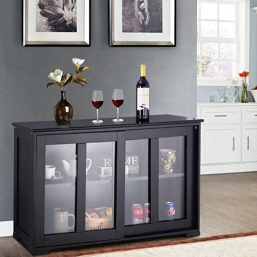 Kitchen Storage Cabinet with Glass Sliding Door-Black