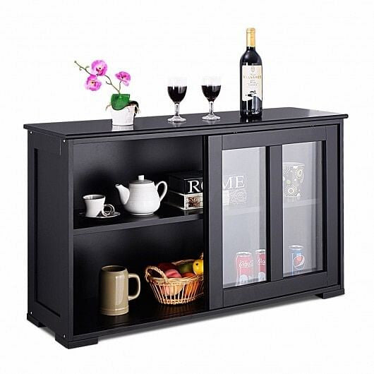 Kitchen Storage Cabinet with Glass Sliding Door-Black