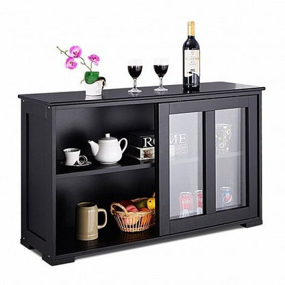 Kitchen Storage Cabinet with Glass Sliding Door-Black