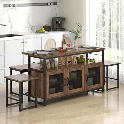 4 Piece Kitchen Island Set with Bench and Storage-Brown