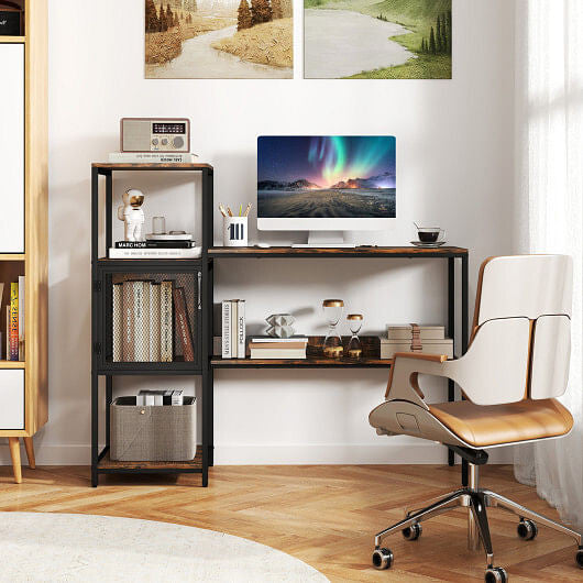 Computer Desk with Bookshelf Home Office Desk with Storage Cabinet and Shelves-Rustic Brown