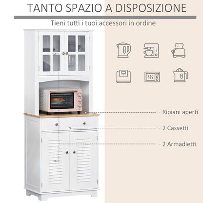 Modern Kitchen Cupboard, Louvered Kitchen Storage Cabinet with Framed Glass Doors and 2 Drawers, White