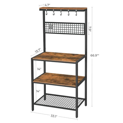 Black Metal Kitchen Baker's Rack Microwave Stand with Wood Storage Shelves