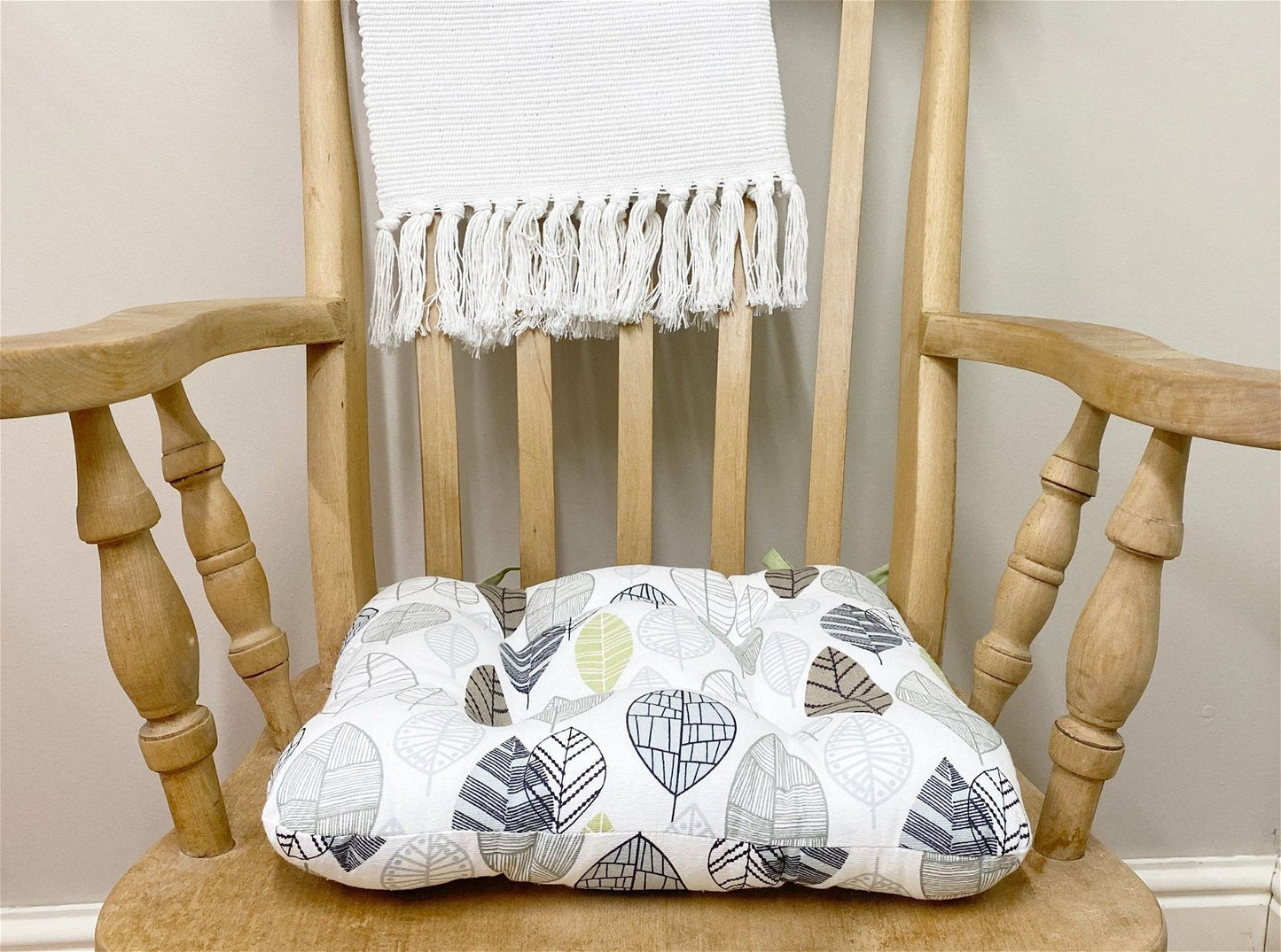 Fabric Seat Pad With Ties In Contemporary Green Leaf Print Design 36cm-3