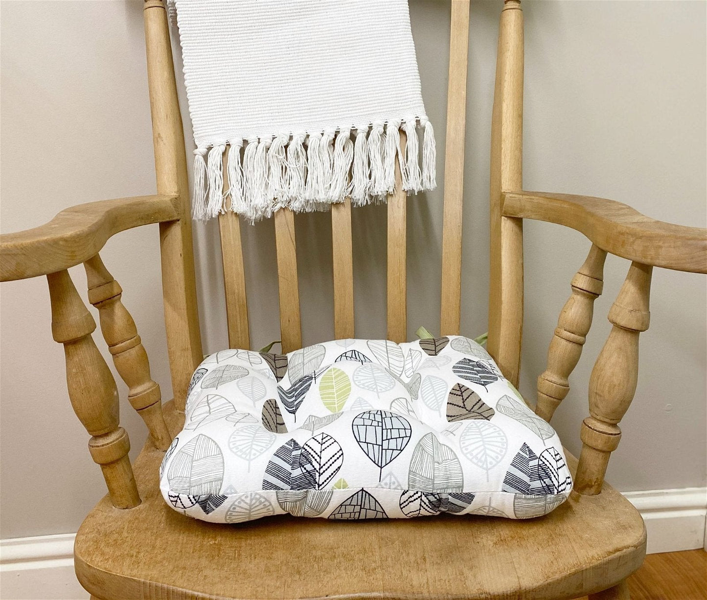 Fabric Seat Pad With Ties In Contemporary Green Leaf Print Design 36cm-1