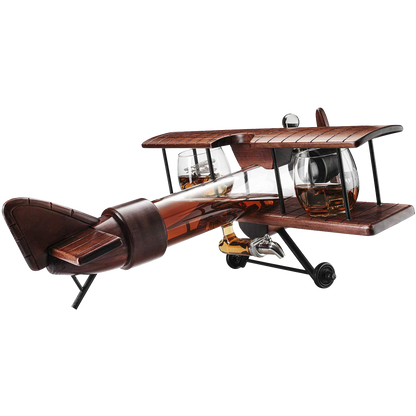 Whiskey & Wine Decanter Airplane Set and Glasses Antique Wood Airplane - The Wine Savant Whiskey Gift Set and 2 Airplane Glasses, Pilot Gift Moving Parts- Alcohol Related Gift, BAR DECOR Large 21"