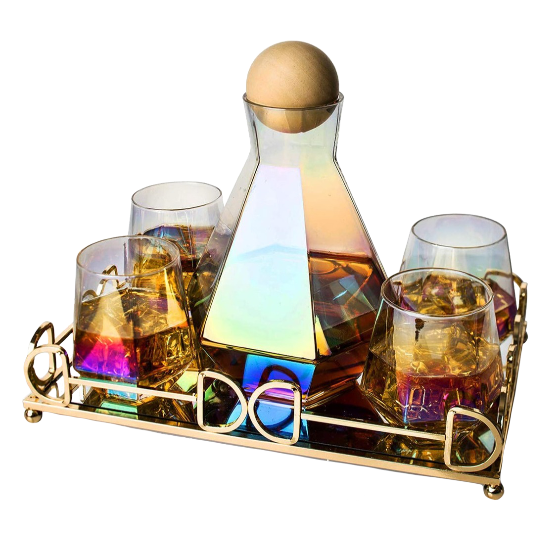 Diamond Iridescent Glass Diamond Decanter and Glasses Set, The Wine Savant Rainbow Iridescent Comes With A Diamond Decanter 4 Whiskey/Wine Diamond Glasses, 1 Tray and a Perfect Box