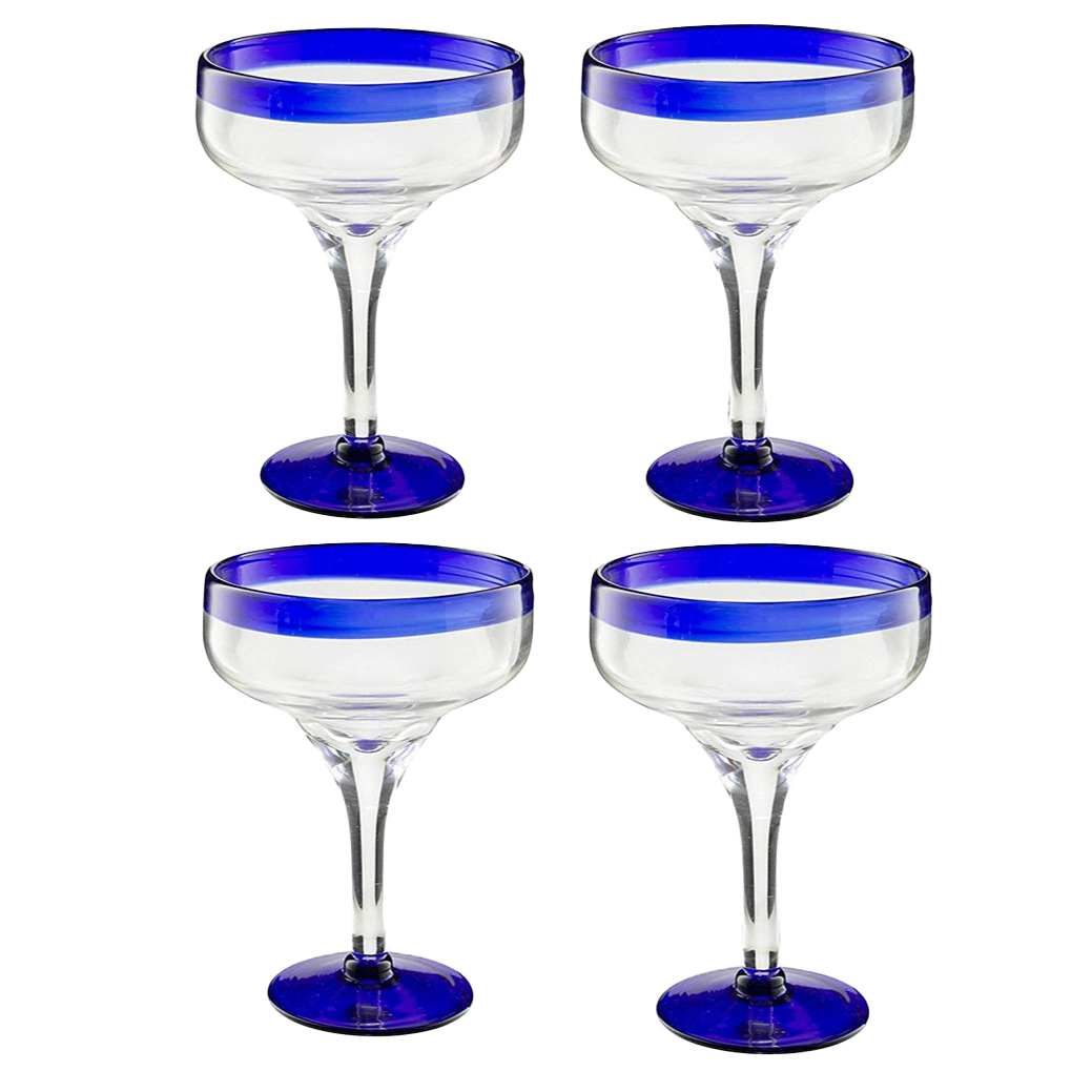 Mexican Hand Blown Glass – Set of 4 Large 16oz, Cobalt Blue Rim Line, Luxury Margarita & Cocktail Glasses, Mexico Design Large 16oz Cobalt Cinco de Mayo - The Wine Savant, Dishwasher Safe Glassware