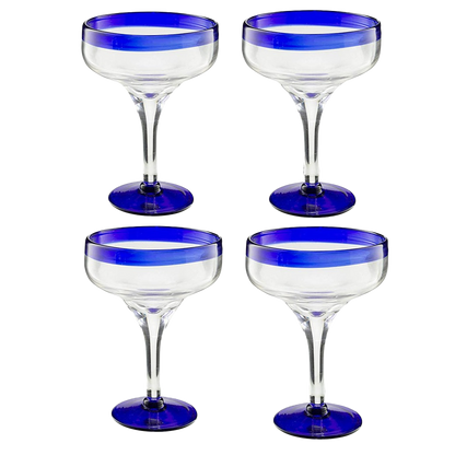 Mexican Hand Blown Glass – Set of 4 Large 16oz, Cobalt Blue Rim Line, Luxury Margarita & Cocktail Glasses, Mexico Design Large 16oz Cobalt Cinco de Mayo - The Wine Savant, Dishwasher Safe Glassware