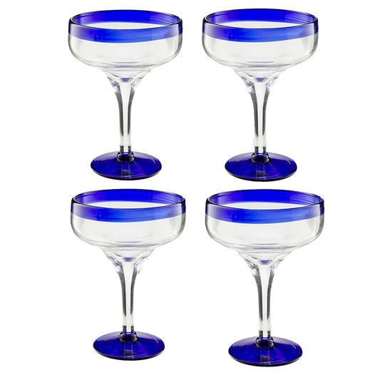 Mexican Hand Blown Glass – Set of 4 Large 16oz, Cobalt Blue Rim Line, Luxury Margarita & Cocktail Glasses, Mexico Design Large 16oz Cobalt Cinco de Mayo - The Wine Savant, Dishwasher Safe Glassware
