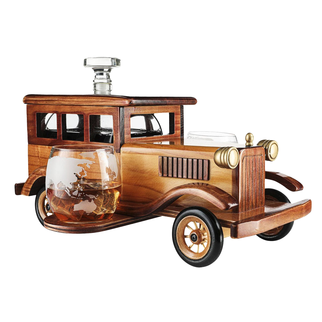 Old Fashioned Car Whiskey Decanter Set, Very Large 15" x 13" x 7" 750ml Decanter Spigot, and 2-10oz Whiskey Tumbler Old Fashion Glasses, Old Fashioned Vintage Car, Limited Edition, Great Bar Gift