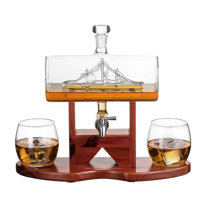 Whiskey Decanter Set, Liquor Dispenser for Home Bar, Crystal Glass - 1250ml Ship & 2 Whiskey Glasses Beautiful Stand Fathers Day, Gift for Dad, Husband or Boyfriend - The Wine Savant 100% Lead-Free