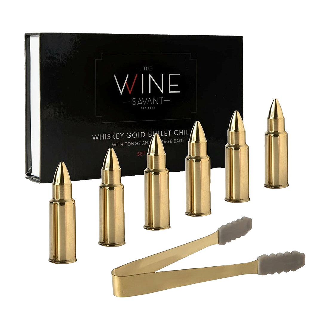 Bullet Whiskey Chillers Stones - 1.75in Whiskey Rocks by The Wine Savant Set of 6 - Stainless Steel Bullet Shaped Ice Cubes, Gift Box Come, Tongs and Storage Bag, Whiskey or Scotch Rocks (Gold)