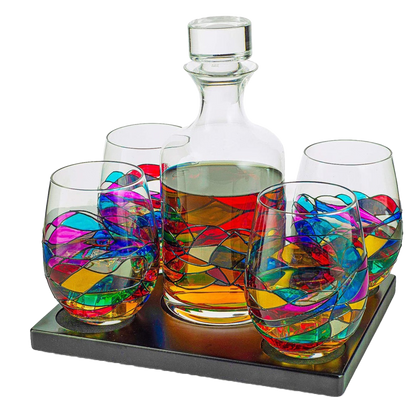 Artisanal Hand Painted Glassware Gift for Mom, Wife, Friend - Artisanal Barcelona Hand Painted Whiskey & Wine Decanter Set, Rennesance Romantic Stain-glassed Windows Glasses - Mothers Day