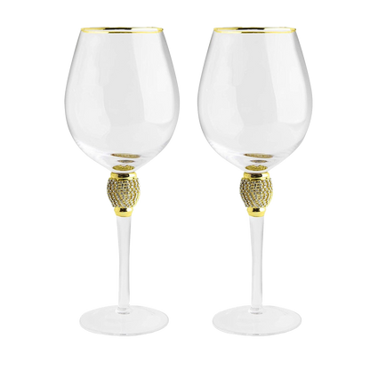 The Wine Savant Large Diamond Wine Glasses, Gold Rim Rhinestone Diamond Glasses - Wedding Glasses - 15 Ounce, Premium Designed Wine Glasses for Spirits and Wine, Gift Boxed (2, Clear)