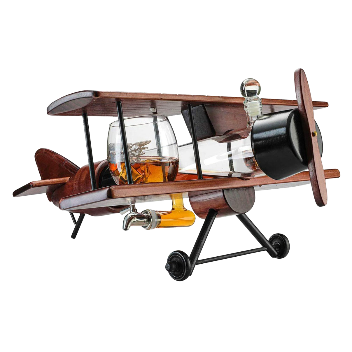 Whiskey & Wine Decanter Airplane Set and Glasses Antique Wood Airplane - The Wine Savant Whiskey Gift Set and 2 Airplane Glasses, Pilot Gift Moving Parts- Alcohol Related Gift, BAR DECOR Large 21"