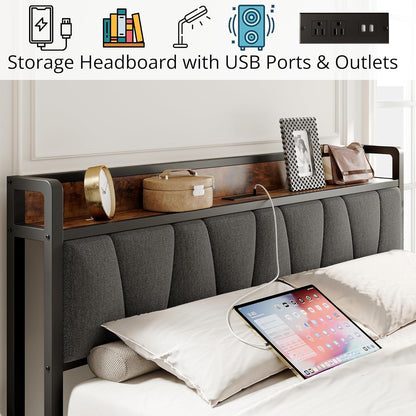 King Size Bed Frame With Storage Headboard USB Ports