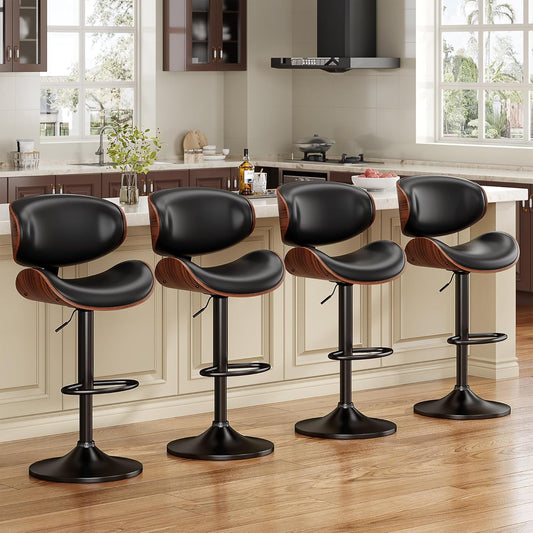 Contemporary Bentwood Adjustable PU Leather Bar Stools Set