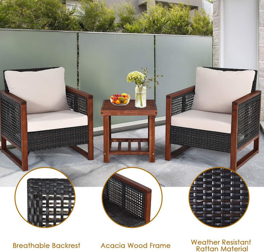 3 Pieces Outdoor Patio Furniture Set Wicker Chairs with Coffee Table, Balcony Porch Furniture Bistro Set with Wood Frame and Washable Cushions for Garden Poolside Backyard