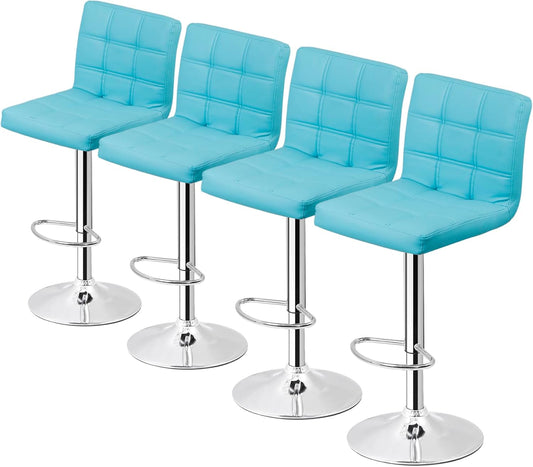 Set of 4 Adjustable Swivel Barstools, Modern PU Leather Kitchen Counter Bar Stools, Square Back Bar Stool (Blue)